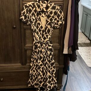 Diane Von Furstenberg Black and Cream Geometric Wrap Midi Dress